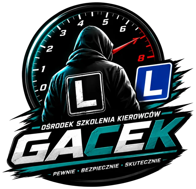 Logo GACEK: obrotomierz, postać w bluzie z kapturem i tablice L